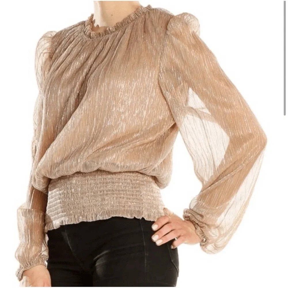 Joie Women’s metallic shimmer long sleeve smocked bottom Rose Gold blouse size M - Picture 1 of 8